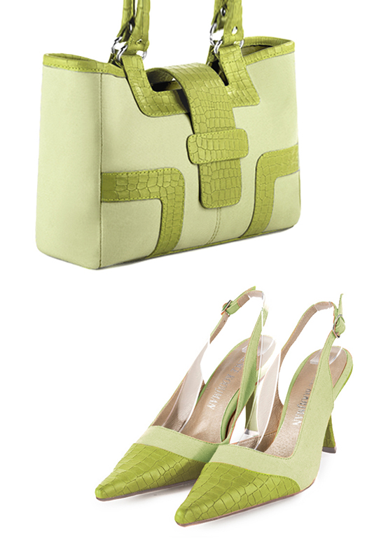 Meadow green women's dress handbag, matching pumps and belts. Top view - Florence KOOIJMAN